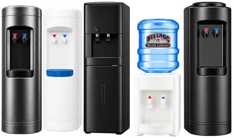 Illustration of water dispensers in several styles and a Bulldog 5-gallon water bottle