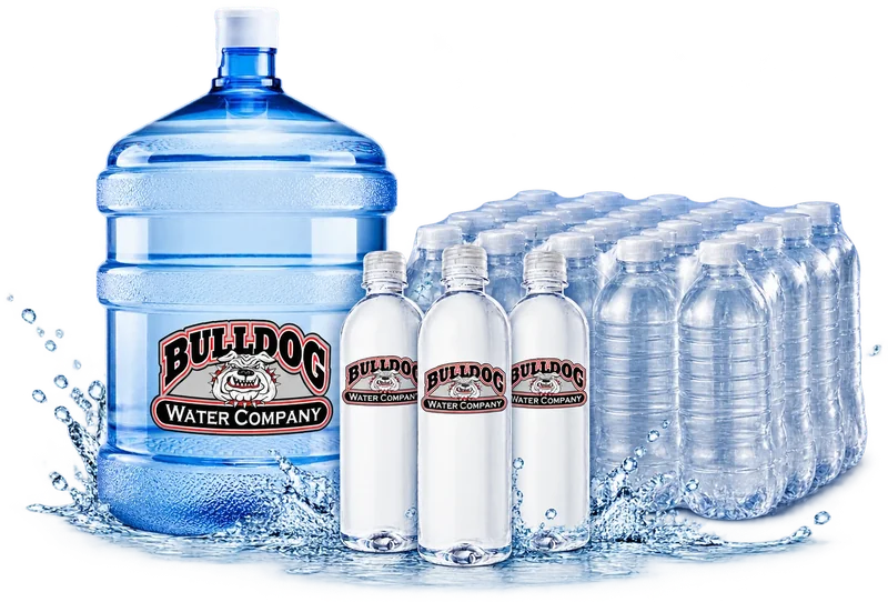 Bulldog Water Company five-gallon jug, three Bulldog private-label bottles and a case of bottled water